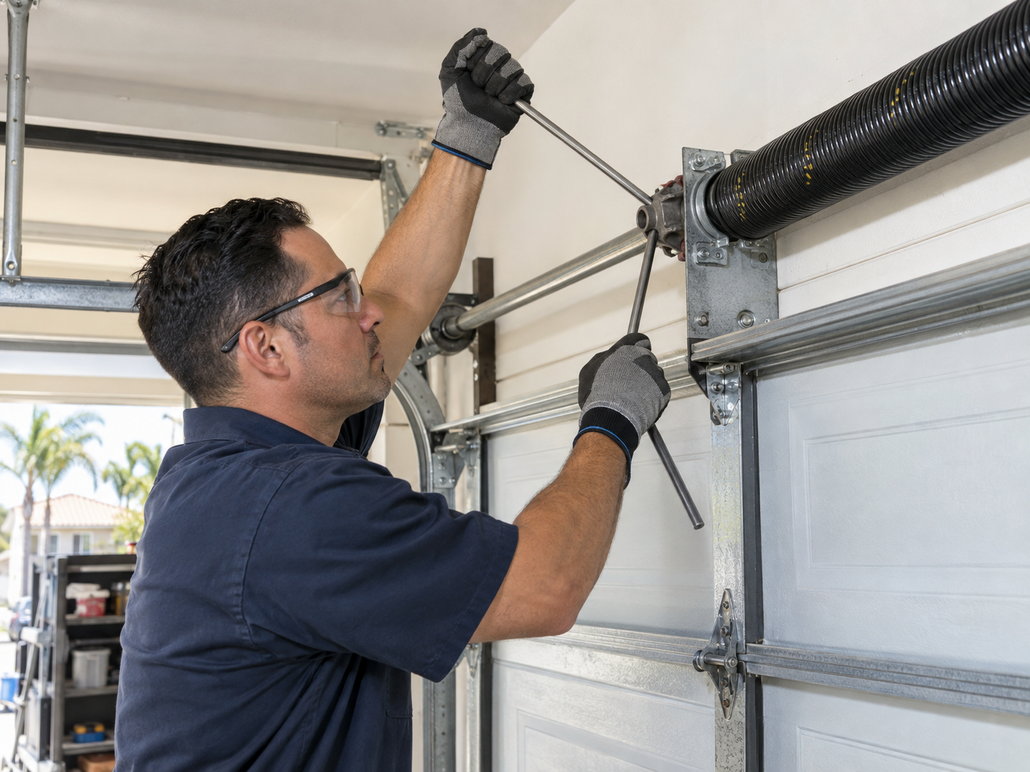 Technician replacing a garage door torsion spring